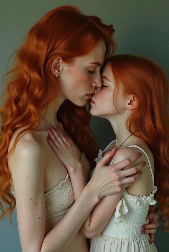 Two girls (), naked, identical, clones, passionately kissing