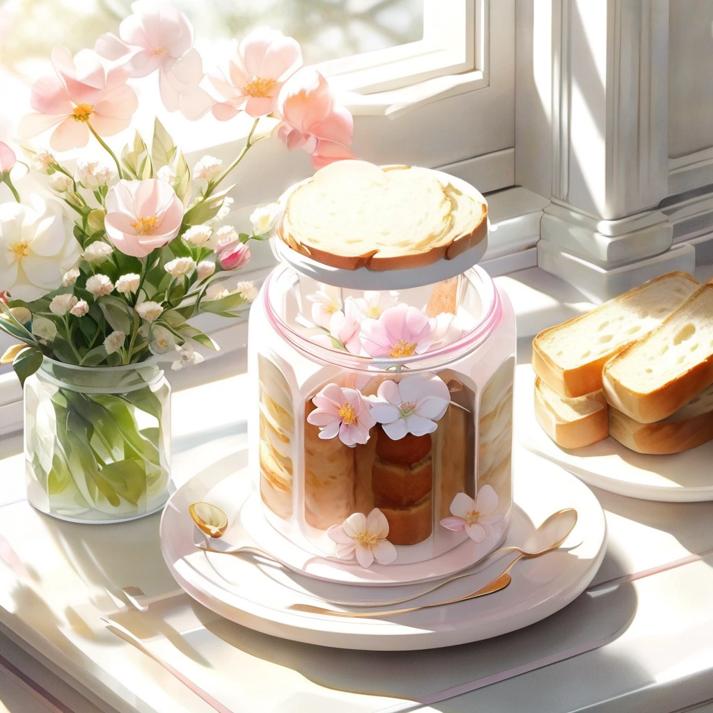 flower, food, food focus, pink flower, still life, petals, sunlight, cup, white flower, jar, bread, window, 