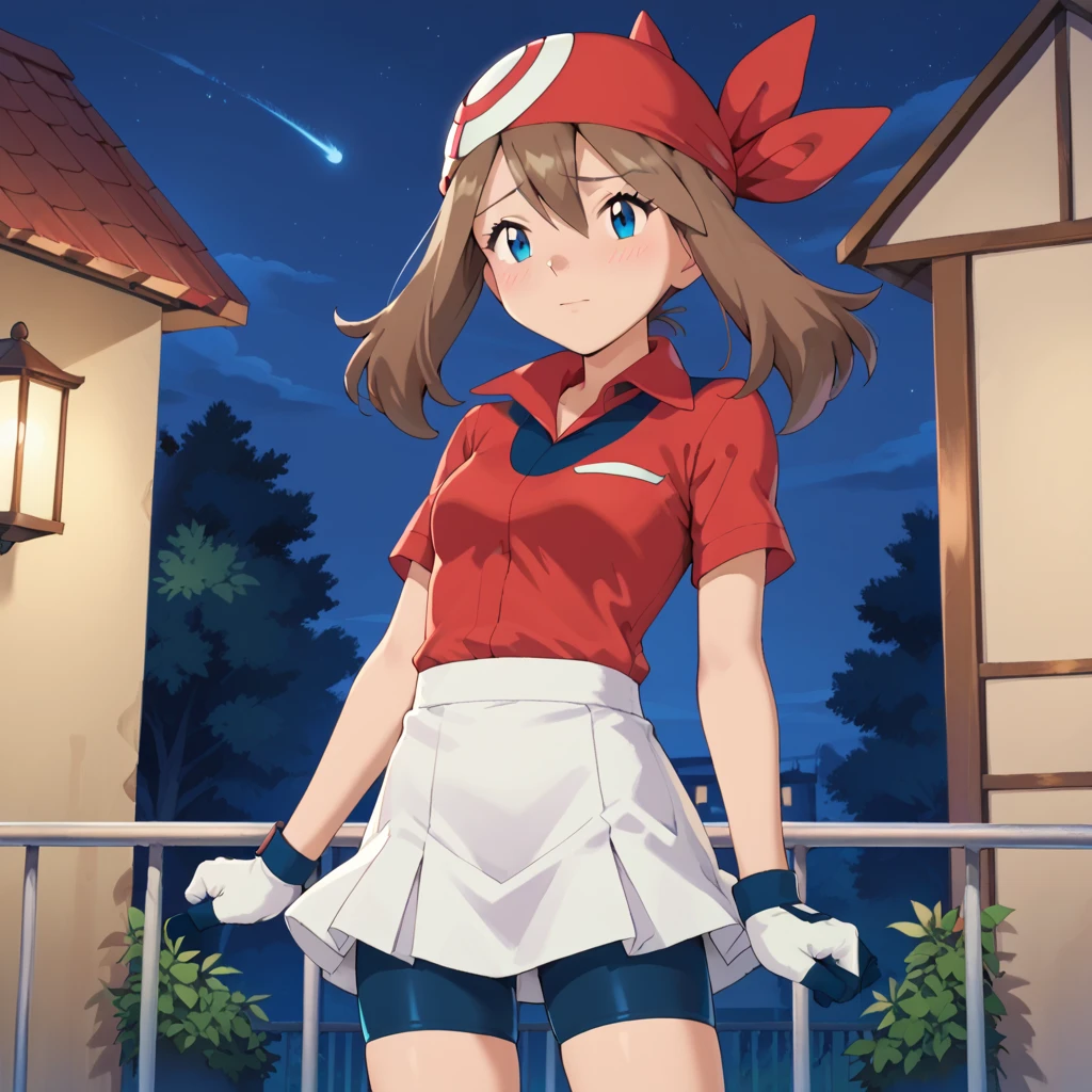 masterpiece,best quality,(((anime style))), pokemonmay,solo, blue eyes, brown hair, bandana, long hair, red bandana, twintails, hair between eyes,
bike shorts, collared shirt, gloves, microskirt, multicolored shirt, pencil skirt, red shirt, shirt, short sleeves, skirt, white skirt,(shy),blush,night,night bedroom,