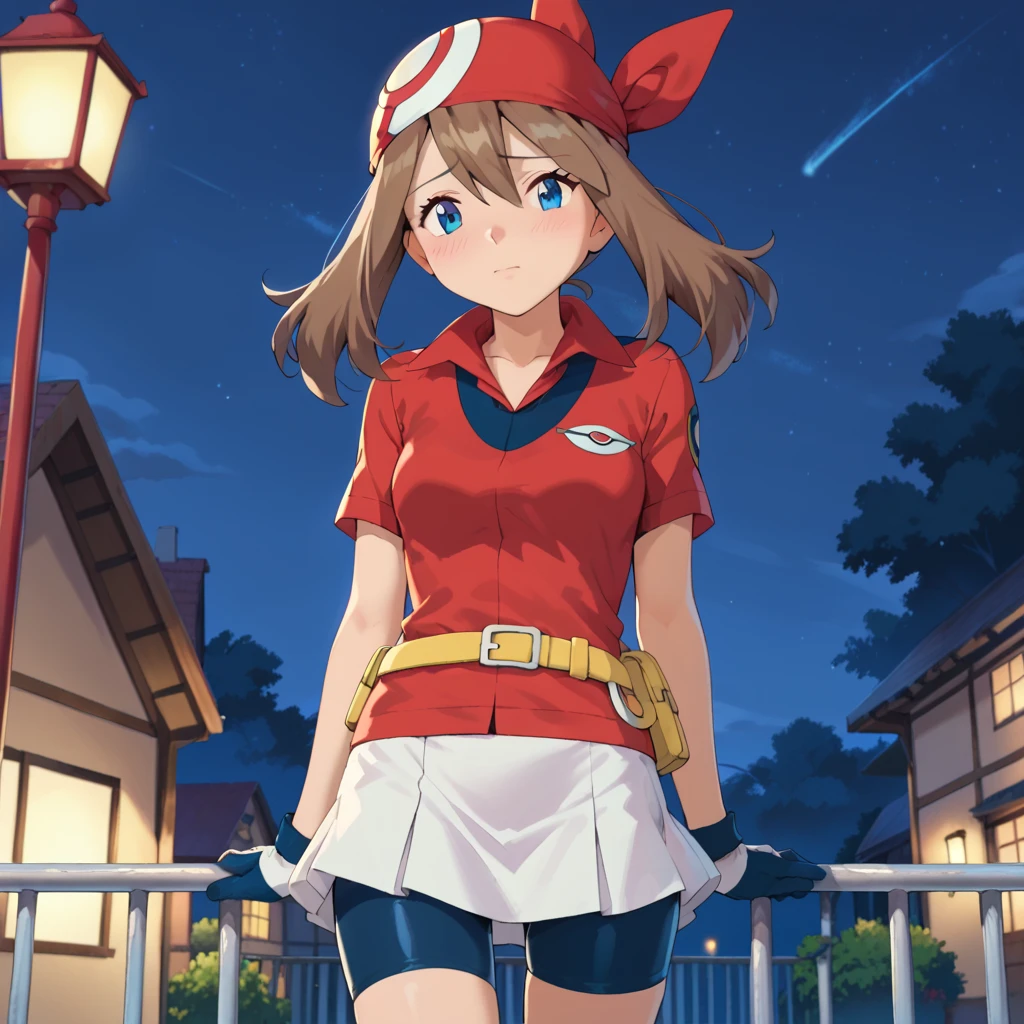 masterpiece,best quality,(((anime style))), pokemonmay,solo, blue eyes, brown hair, bandana, long hair, red bandana, twintails, hair between eyes,
bike shorts, collared shirt, gloves, microskirt, multicolored shirt, pencil skirt, red shirt, shirt, short sleeves, skirt, white skirt,(shy),blush,night,night bedroom,