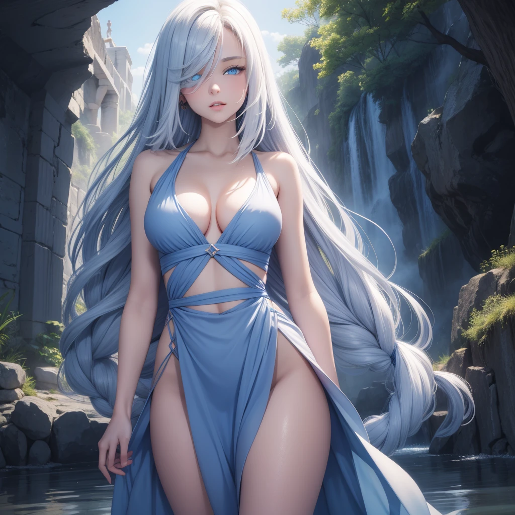Realistic, full body portrait of a young girl, perfect body, perfect professional pose, 20 years old. Musical blue hair, beautiful realistic light blue eyes; beautiful white teeth, happy smile, attractive, make up the world's most beautiful perfect face overall, hand painted meticulously detailed highest image quality 3d 8k, perfect white skin, beautiful look, multicolor liquid acrylic, wet marble body, Michael Garmash, Daniel F Gerhartz, cinematic lighting, waterfall scene, volumetric lighting, clean and smooth art, smooth pulp adventure , ornate patterns, elegant organic frames, surrealism, masterpiece collections, realistic colors, wet gouache. Highest image quality, most detailed 8k.