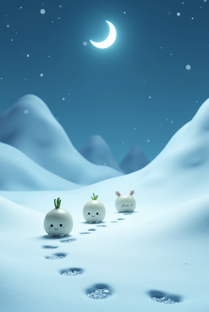 masterpiece,cute daikon characters are following mysterious footprints in snow,soft tone blue  moon sky,minimalist,