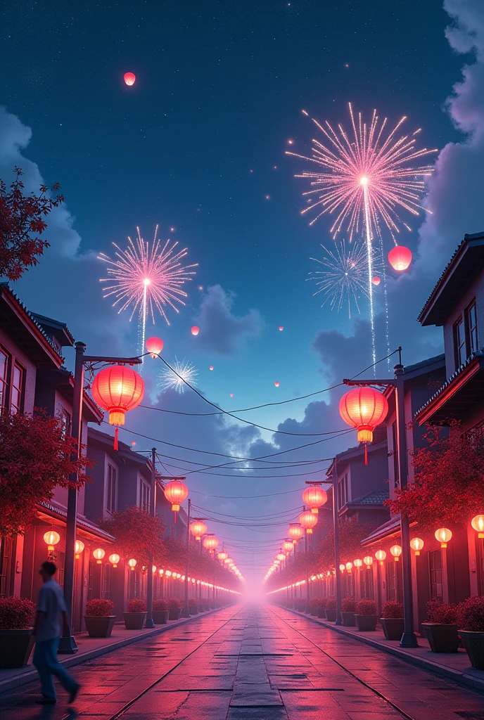 A futuristic background image depicting the evening of Chinese New Year's Eve. The vast night sky is dotted with stars, and fireworks are bursting high in the distance. Streetlights along the road are adorned with red lanterns, and every household is decorated with festive lights, creating a joyful atmosphere. In the distant night sky, there are also a few scattered sky lanterns