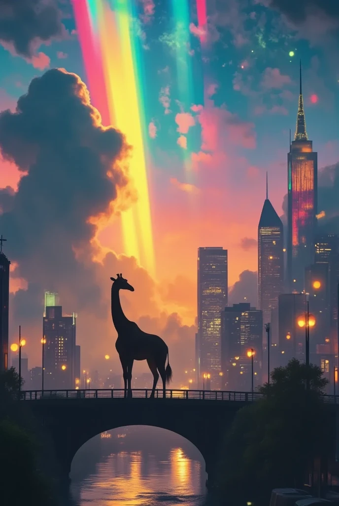 masterpiece, ultra detail,  (F cup tits), ((dynamic angle:1.8))((muscular and thick legs:1.8)). A vibrant and surreal cityscape at night, illuminated by a radiant spectrum of rainbow-colored lights that flow vertically across the scene. In the foreground, a majestic giraffe stands on a bridge silhouetted against the glowing backdrop, exuding a sense of wonder and tranquility. The futuristic city features iconic landmarks, such as towers and spires, gleaming in golden hues and adorned with glowing stars and sparkles. The sky is adorned with scattered clouds, a glowing rainbow, and glittering particles that create a magical, dreamlike atmosphere. The lower portion of the city is filled with colorful, geometric structures, contrasting against the radiant skyline. The overall composition combines elements of urban modernity with whimsical fantasy, creating a dynamic and imaginative scene full of life and color.