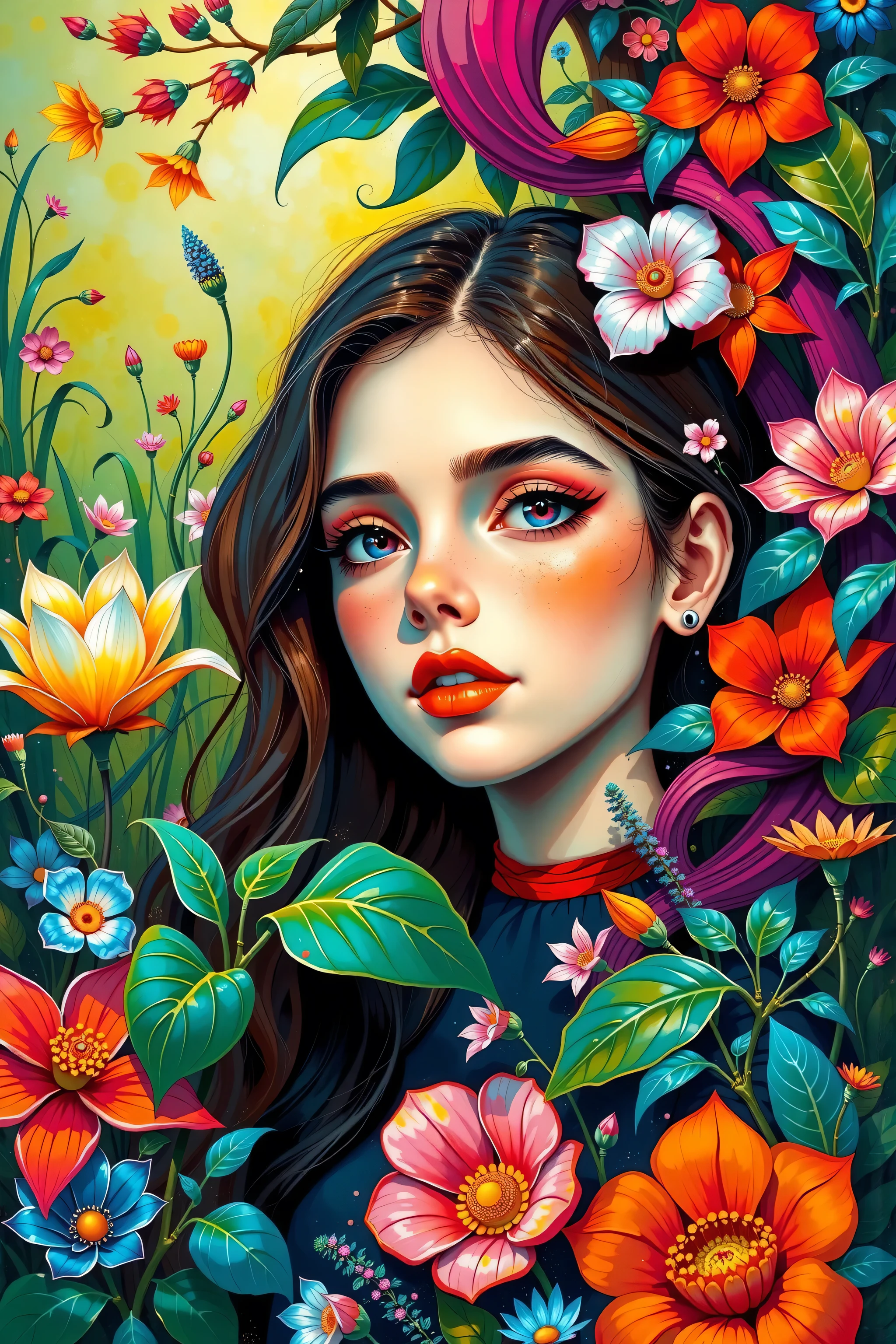 (style of Oskar Kokoschka:1.2),(abstract expressionism art:1.2),girl,plants,love,rose for eyes,bright color theme,colorful,visually stunning,beautiful,gorgeous,emotional,intricate,perferct shading