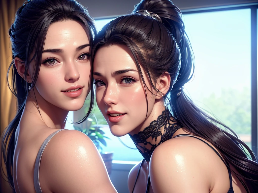 2girl, twins, both pregnant, kissing each other, grabbing each others breasts, both naked, both nude, both no clothes, both no underwear, both no pubic hair, both very large breasts, both flat medium length hair, both looking up at me, she is squatting down on me, I am standing in front of her with my large penis in her hand, lots of white cum dripping out of my large penis, both with lots of white cum on their faces, both girls are smiling with pleasure, photo taken from my perspective, looking down at the girls, photo zoomed out, at noon, in a church full of people, faces remain accurate and detailed regardless of how far from camera, the penis is between her breasts, white cum praying out of penis onto her face