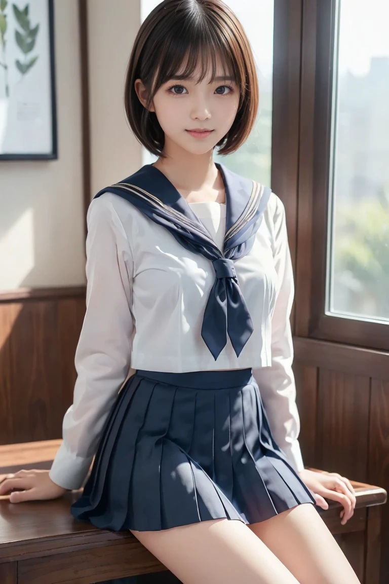 (8k,  photorealistic,  RAW photo,  Max Image: 1.4),  Japanese High School Girl 、( bob hair)、 Super detailed face 、Attention to detail、 double eyelids 、 sharp concentration:1.2、 beautiful woman:1.4、( black hair)、 top quality、  Masterpiece  、 super high resolution、( photorealistic:1.4)、 is exquisitely crafted in every detail 、 smiles illuminated by professional lighting、(Sailor school uniform,  navy blue pleated skirt showing full legs)、 open your mouth slightly、( The background is indoor)