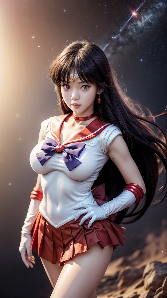((HD Realistic, SAMA1 Level)), Extreme Realistic,Masterpiece, Best Quality, High Resolution, SAMA1, Headgear, Sailor Sensi Uniform with Medium Chest, White Glove, Red Sailor Collar, Red Skirt, Star Necklace, Elbow Gloves, Pleated Skirt, Bare Leg, Purple Bow, Standing, Space, Moon, Smile, Stunning Face Details, Full Body Shot