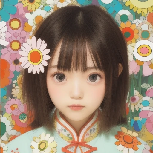 Cute Chinese girl, illustrator, Takashi Murakami, flowers, colorful, big eyes，flat, Illustrator
