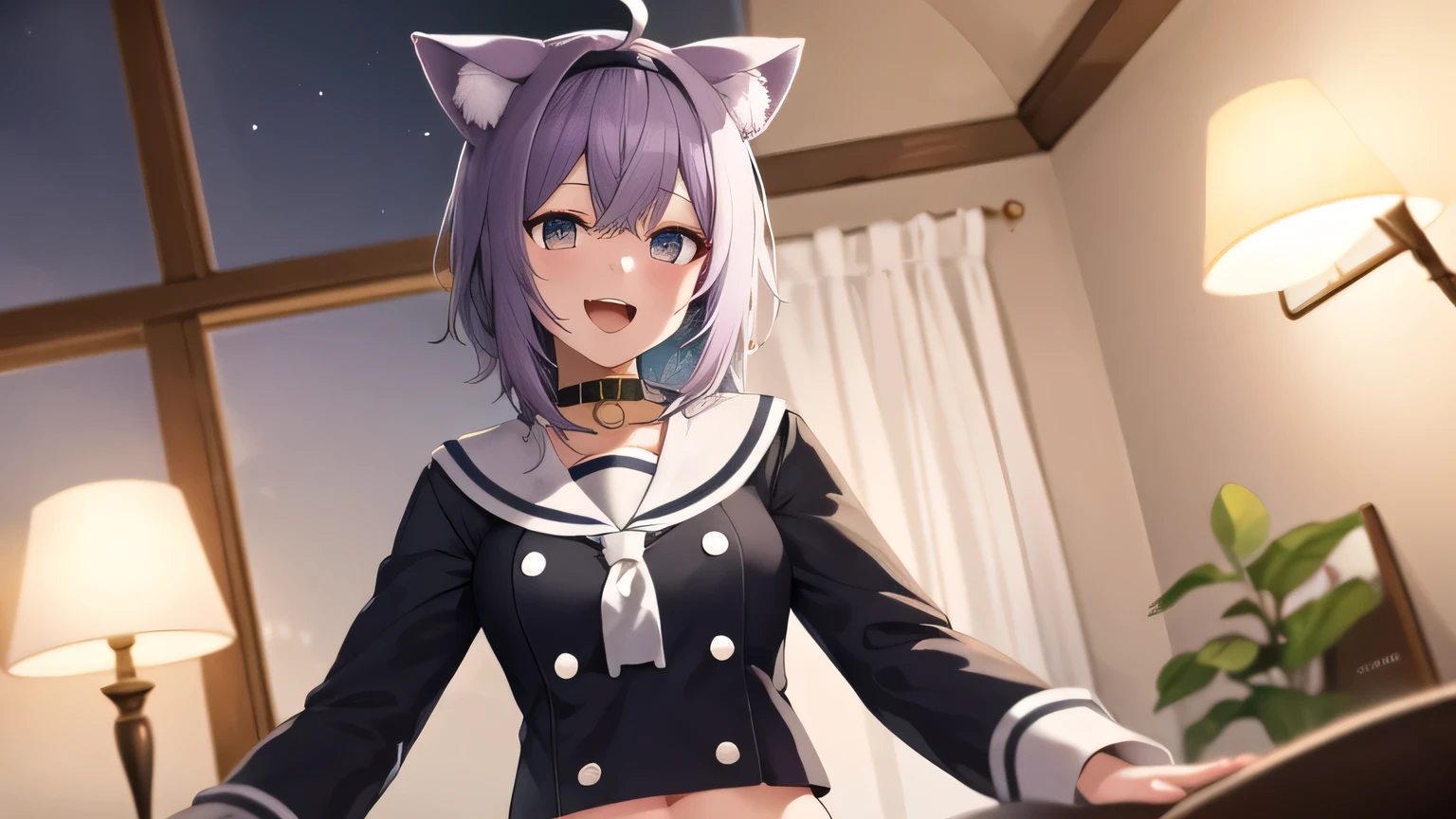 Masterpiece , top quality, high definition , Green porridge, shorthair, purple hair, Ahoge, black hair band, animal ears , cat tail, Sailor collar, neckerchief , black shirt , abdomen, button, white shorts, smile, open mouth, night,bedroom, Add,Lights out,night中