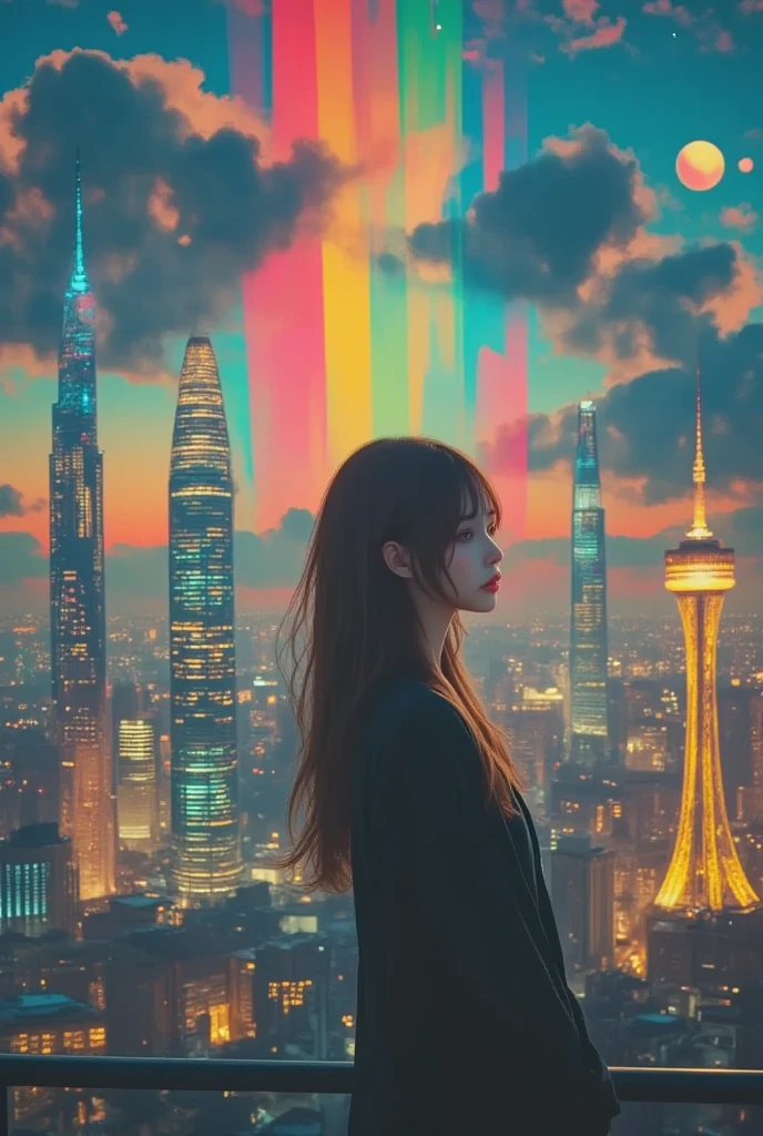 masterpiece, ultra detail,  A vibrant and surreal cityscape at night, illuminated by a radiant spectrum of rainbow-colored lights that flow vertically across the scene. In the foreground, a majestic girl stands on a bridge silhouetted against the glowing backdrop, exuding a sense of wonder and tranquility. The futuristic city features iconic landmarks, such as towers and spires, gleaming in golden hues and adorned with glowing stars and sparkles. The sky is adorned with scattered clouds, a glowing rainbow, and glittering particles that create a magical, dreamlike atmosphere. The lower portion of the city is filled with colorful, geometric structures, contrasting against the radiant skyline. The overall composition combines elements of urban modernity with whimsical fantasy, creating a dynamic and imaginative scene full of life and color.