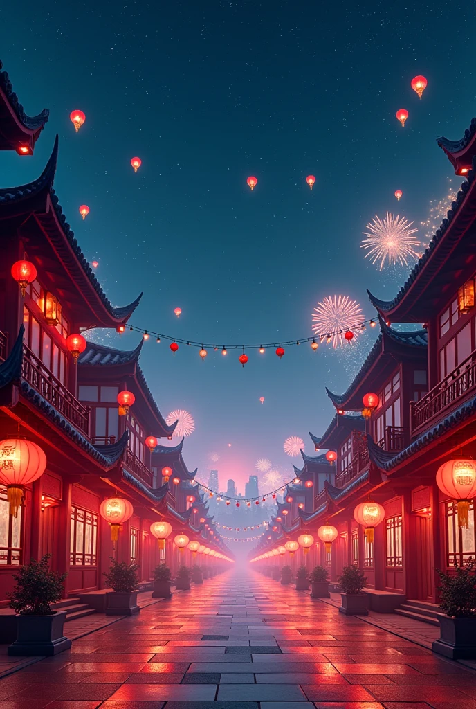 A futuristic background image depicting Chinese New Year's Eve. In the background, there is a vast night sky dotted with stars, with numerous fireworks bursting high in the distance. In the foreground, there are traditional Chinese buildings arranged in an orderly manner along the sides of the road. Streetlights are adorned with various styles of red lanterns, and every household is decorated with festive lights, creating a vibrant and joyful atmosphere. In the distant night sky, there are also a few scattered sky lanterns. This is a high-definition wallpaper with depth of field and a sense of layering