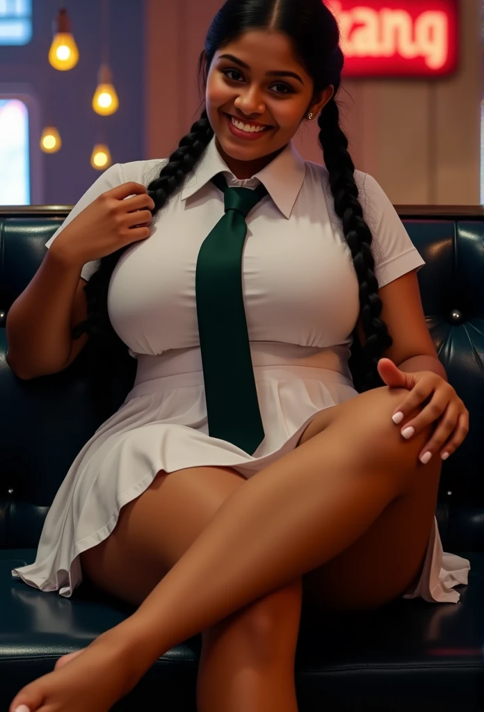 beautiful cute Sri Lankan school girl, in barefoot, Large breast size , 20 years old, wearing a white frock and a dark green tie. She has plaits, black braided long hair, in barefoot, beautiful feet, correct anatomy of other body parts, beaming with happiness as she poses in a night club, brown skin tone, sweaty skin, thighs are exposed, better pose, full body view, leaning back to sofa, cross leg pose