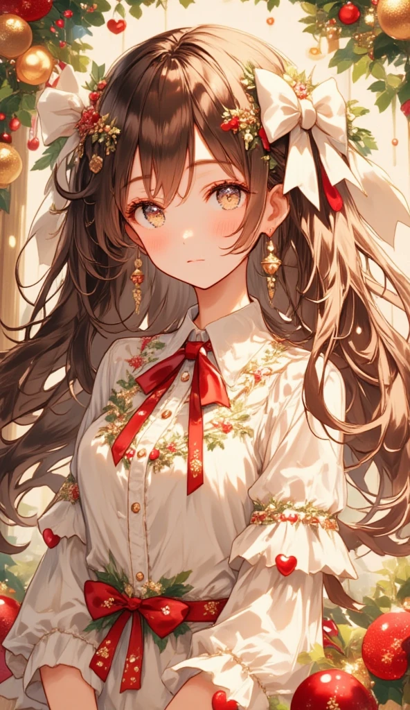  top quality、 super detailed、 very cute girl、Brown Hair、 long hair、 long straight hair 、 big white bow dress、red heart pattern ribbon 、Hiiragi's hair ornament 、 Christmas Color 、