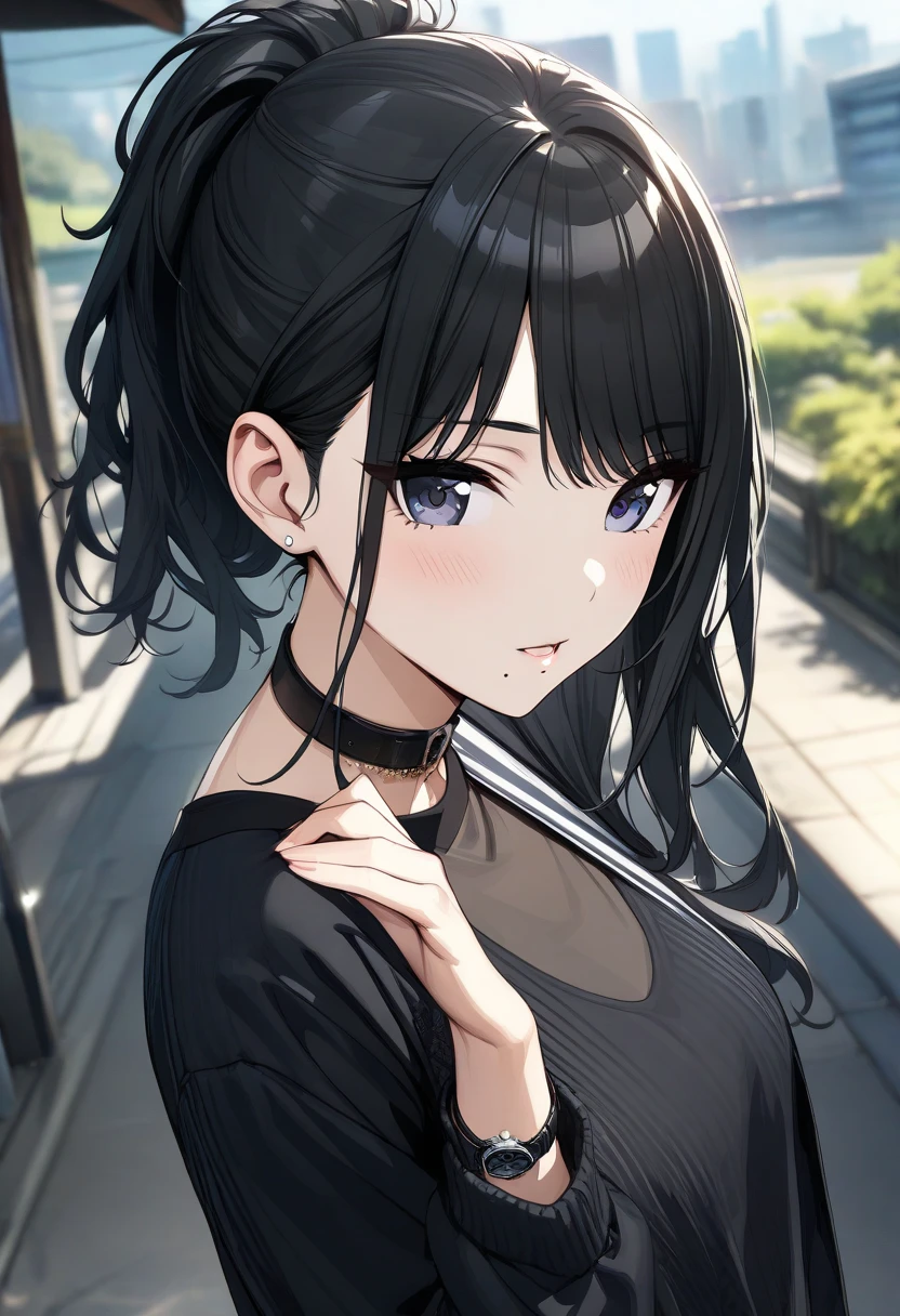 (  Masterpiece  ),( top quality),( Ultra Details),( best illustrations),( best shadow),( absurd),( detailed background),(very aesthetic),  Hiori Kazano,  1 girl , Alone,  black hair , mole under mouth, mole, Blur background,  watch viewers, Blur,  long hair, bangs,  ponytail, Outdoor