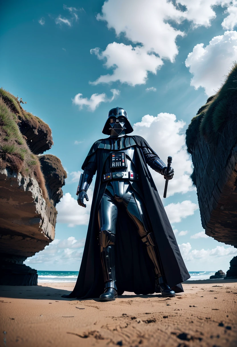 Darth Vader on a city beach , mellette A2-D2 