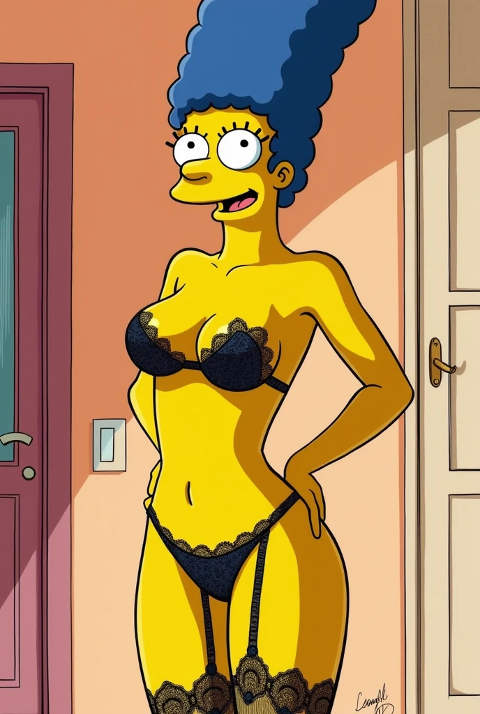 Marge simpson Whole body, Whole body, Whole body, fitted jacket, sexual expressions closed mouth smile, regular breasts, defined thighs , perfect body, showing lingerie in a simpsons context.