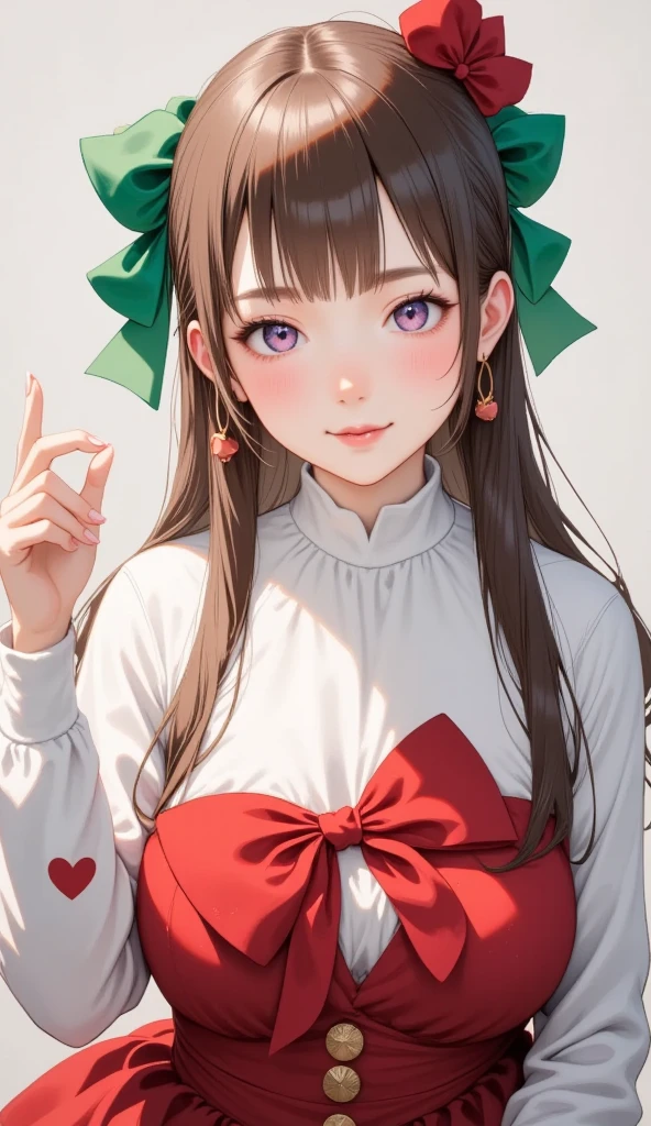  top quality、 super detailed、 very cute girl、Brown Hair、 long hair、 long straight hair 、large white cloth 、 bow shaped dress、red heart pattern ribbon 、Hiiragi's hair ornament 、 Christmas Color 、