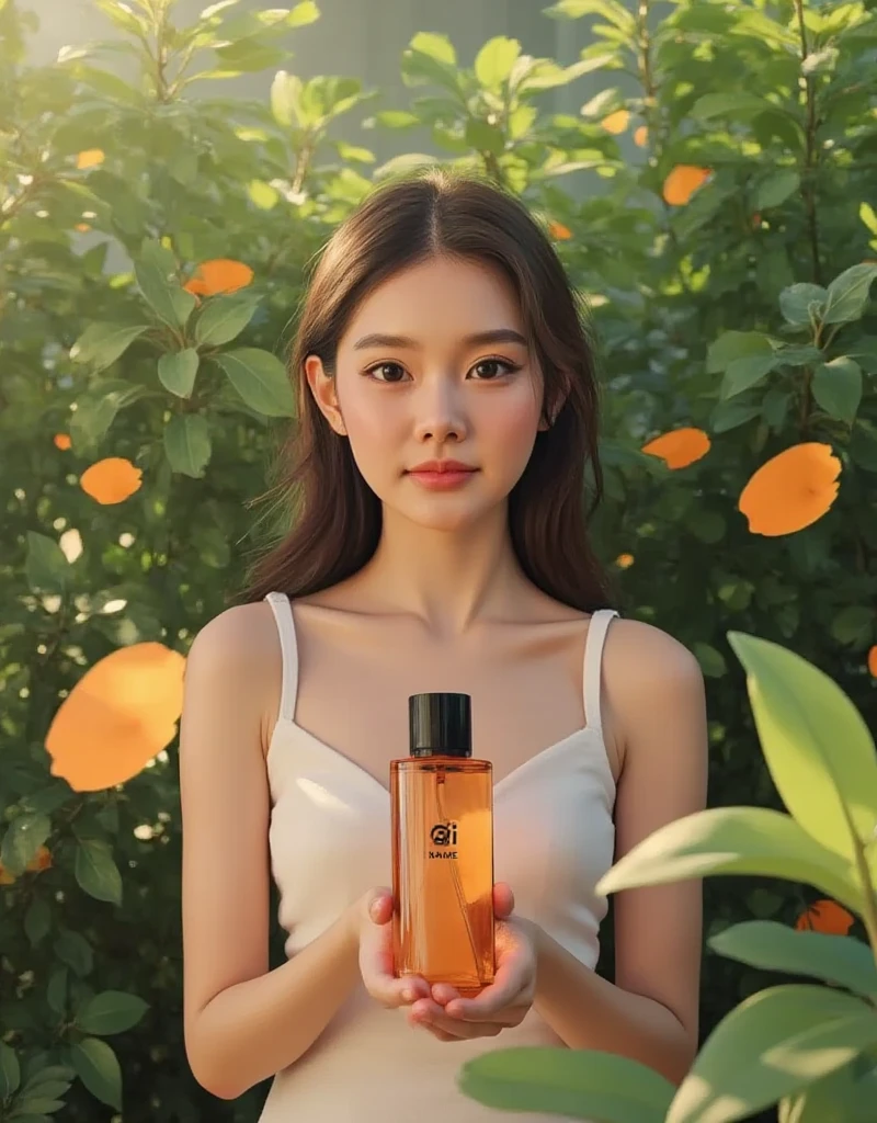 korean woman hold skincare product in her hand, greenery background, day light 