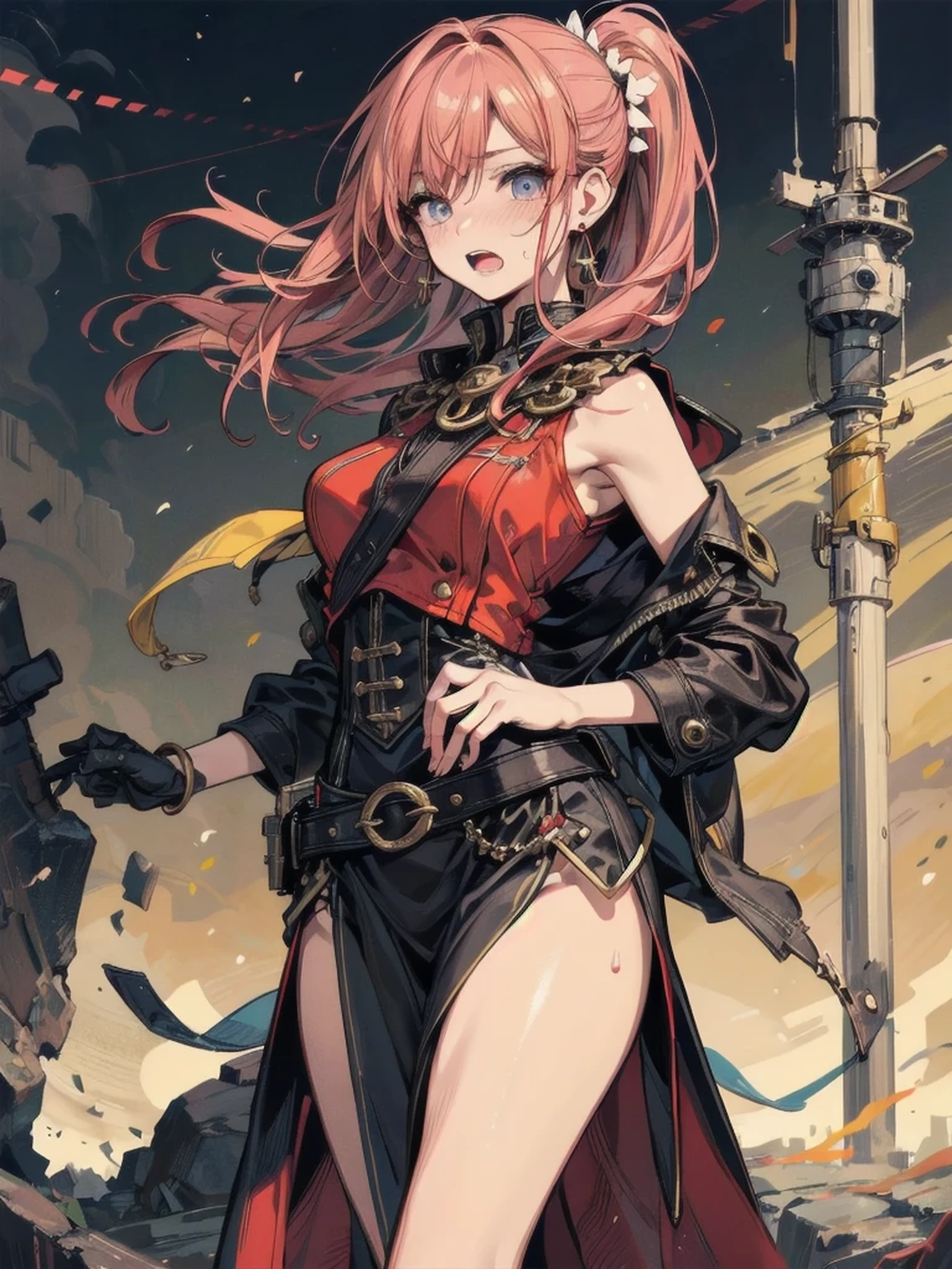 <lora:trieste:0.7> , 1girl, SOLO, Trieste, a woman with pink hair, hair over one eye, ponytail hair, wearing green ITL_uniform, dark green cape, sideboob, red ascot, carrying rigging_machine, turrets_equipped on rigging_machine, detailed eyes, detailed face, cowboy shot , masterpiece, highly detailed, 8K, stunning, hdr,
,dynamic pose, (masterpiece:1.4),(best quality:1.4),(shiny skin),realistic, roman architecture background, detailed eyes, detailed face,