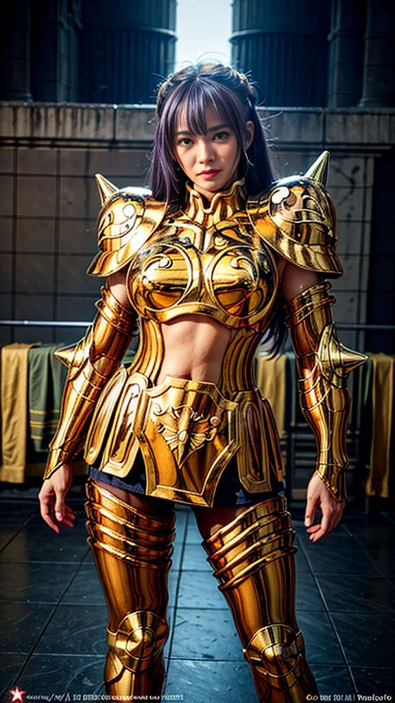 Ultra high saturation（masterpiece）， Full body photo，（The best quality）， （1 girl），White hair,  realistic, (1 woman), hiper realistic, Wearing a shiny golden armorSexy lingerie type armor，expose your chest，Expose the waist，Exposing the thighs，Pose genial， Saint Seiya Armor，violet hair，High level of detail, anime style, cinematic lighting, Shine, Light of God, ray tracing, film grain, HD Hypertelevision, skin texture, Super detailed, Anatomically correct, A high resolution，yellow eyes, Ultra high saturation，high contrast，High gloss armor，Soft leather，An insidious smile，Mentir de manera realistic，（masterpiece，Upper Cuority，The best quality，official art，Beauty and aesthetics：1.2），He is very detail-oriented.，s fractal art，extremely colorful, breasts, big breasts, 8K, high resolution. ,athena temple, horn Taurus saint gold,