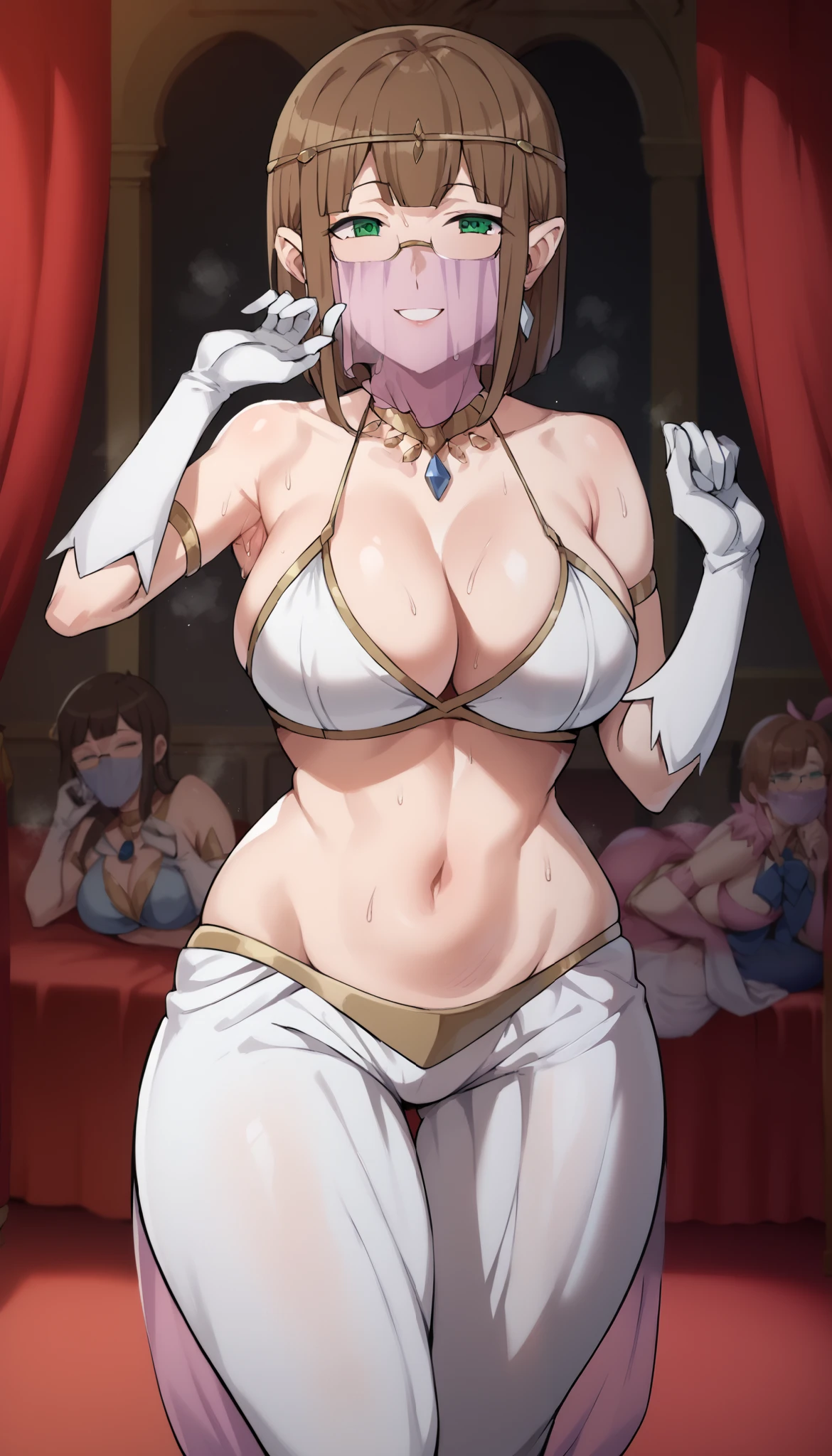  Masterpiece    ,   1 girl, Alone,  Danmachi - Eina Tulle 、Glasses,  watching the audience, Big Breasts,  , A mean look,Laughing expression ,   Bright green eyes   , Pink Bed,   mature mature , Harem Costume, White Veil, Arabian style clothing,  neck ring , Mouth veil,  circlet ,  harem pants, Thigh pads, Gold trim,  dancer, smile, ,Armpit sweat,  seductive gaze  ,,Big Breasts, Big Breasts , ,  huge butt, Thick Ass,Daphne Rauros ,Sweaty all over,Bad smell,Shake your hips back and forth, Hips shake due to vibrations, big thighs, thick thighs