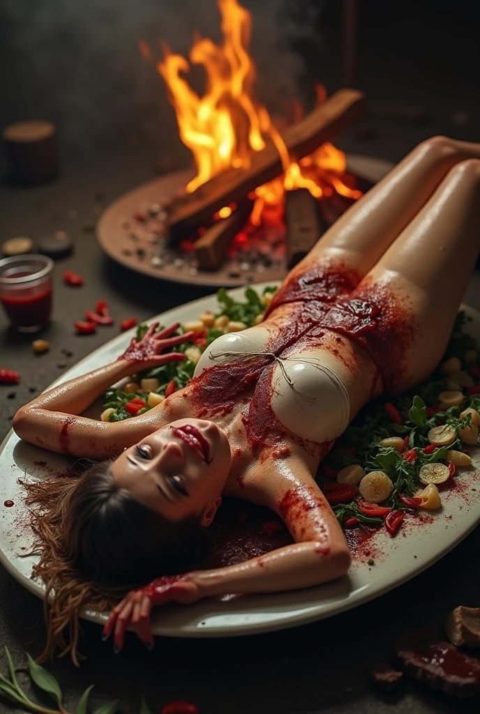 on a luxurious dining table.An extremely beautiful model lies on her back.The chest and between the legs are covered with sashimi.Like a human body feast.