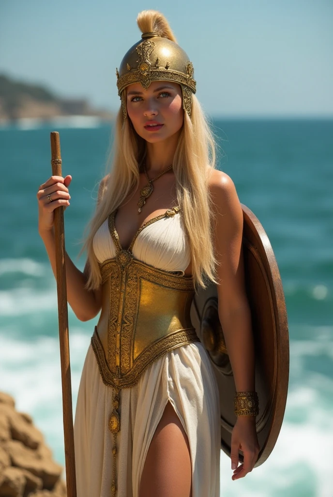    Young beautiful woman ,  european type ,  blond long straight hair ,  bright shining blue eyes ,   natural makeup ,  full fiery red lips ,  real skin texture ,  detailed skin , long eyelashes ,  seductive smile ,  stunning view , the whole figure ,  real sunlight, small solid breasts ,  dressed in ancient Greek gold decorated armor ,  on her head she has an ancient Greek gold decorated helmet ,  on her left hand she has a decorated round gold Greek shield, in his right hand he holds a long copy leaning against the ground with wood,  on her feet military ancient Greek sandals  , Greek goddess Athena ,  stands on a high rock above the sea ,  in the background a raging sea ,  sunny day ,  real picture  ,  realistic natural light, real lips , real eyes ,  real anatomy ,  realistic picture ,  movie lighting ,   detail face ,  many details ,  bright bright pastel colors,  real breasts , detailed breasts ,  realistic breasts ,  masterpiece , greek mythology 