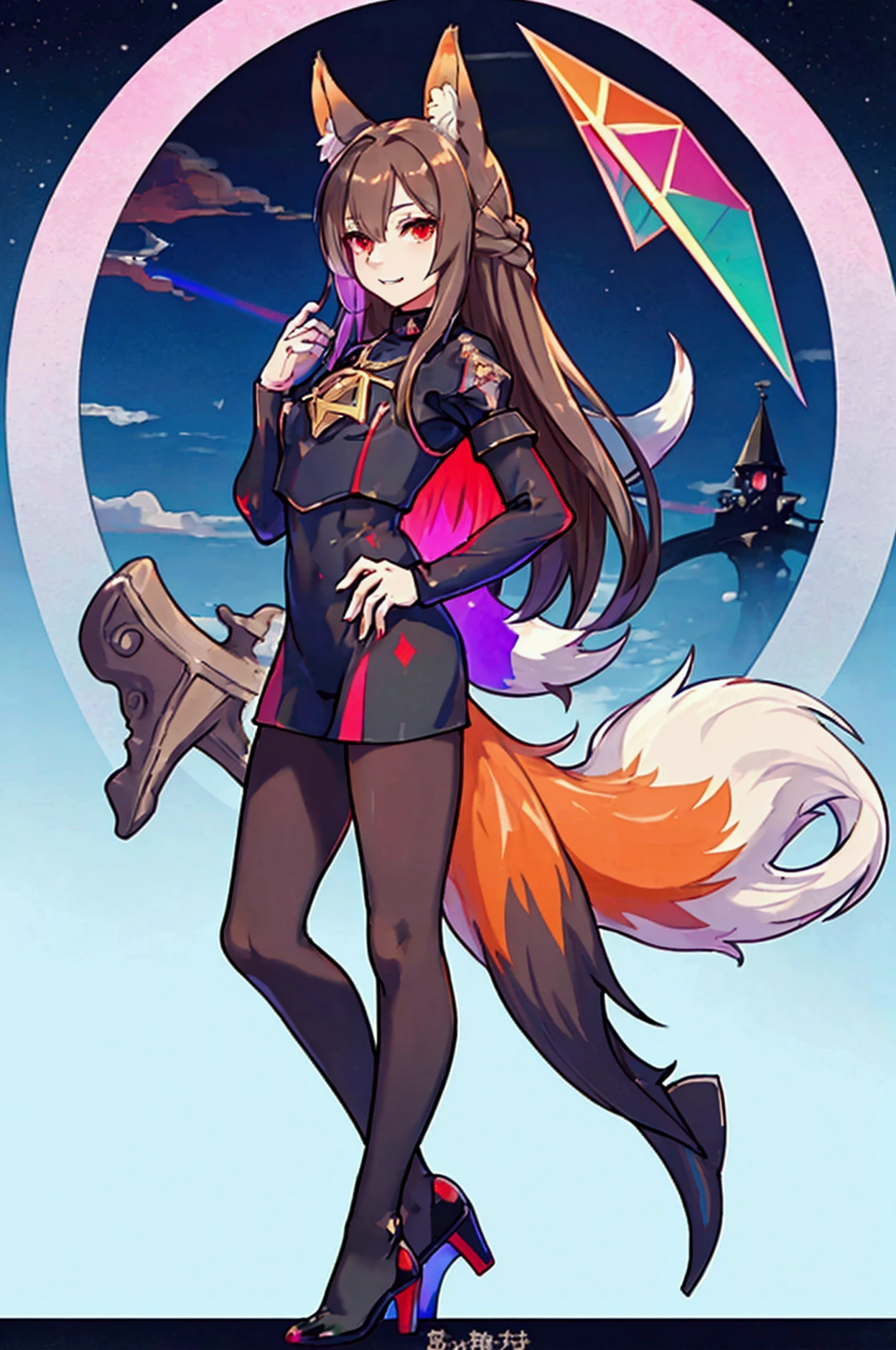 The background is a sunset sunset 、 medieval cityscape with basket、Inside the kaleidoscope、 stained glass background、Legendary Scenery 、 mythical scenery unfolds、The cathedral shines brightly、red and green contrast 、Path of Light、 Edelgard in black armor, wearing black tights ,((  Holographic  )), fox ears,  animal ears  , Nazuna_Hiwatashi,  brown hair, long hair, red eyes, (Animal Nose, triangular nose  ),  fox ears, ((bushy Tail, Tail)), fluffy fur with a large シールド , （I can see the fangs、Double teeth、 wore black tights  ( transparent PVC clothing , transparent colored vinyl clothing 