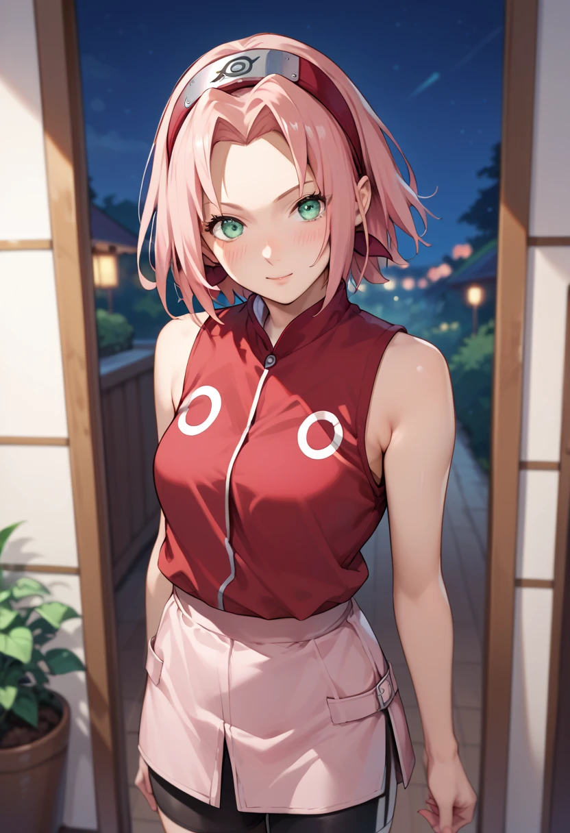 (masterpiece,best quality),(((anime picture,anime style))),1girl, haruno sakura, pink hair, short hair, green eyes, sleeveless, red shirt, forehead protector,bike shorts,displeased face,blush,night indoor,