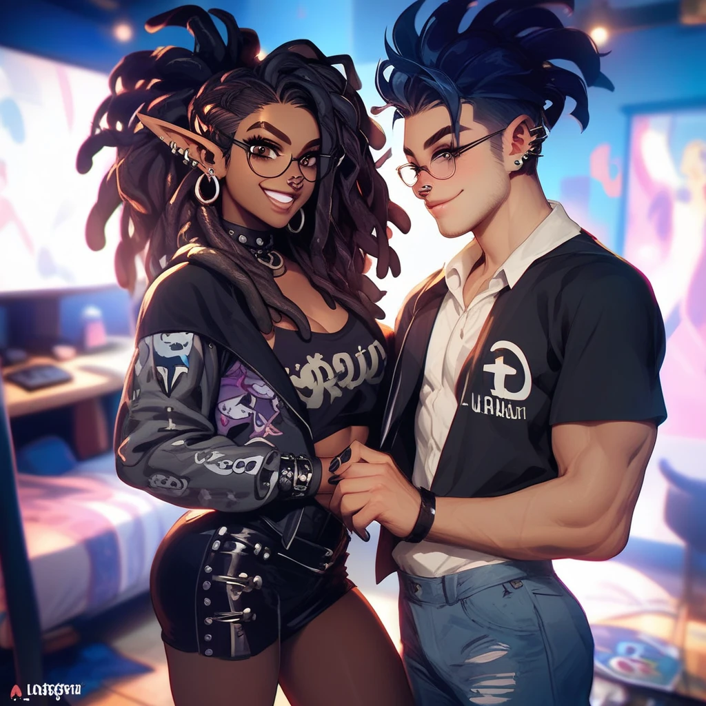 Best quality, highly detailed, ultra detailed, 1 brown skin boy, flat chest, male chest, slim curvy body, long pink dreadlocks, pink dreadlocks, pink eyes, vampire, pointy ears, sharp nails, black lipgloss, goth, naked, big butt, penis, futa, living room, sex with another boy, blowjob, sucking dick