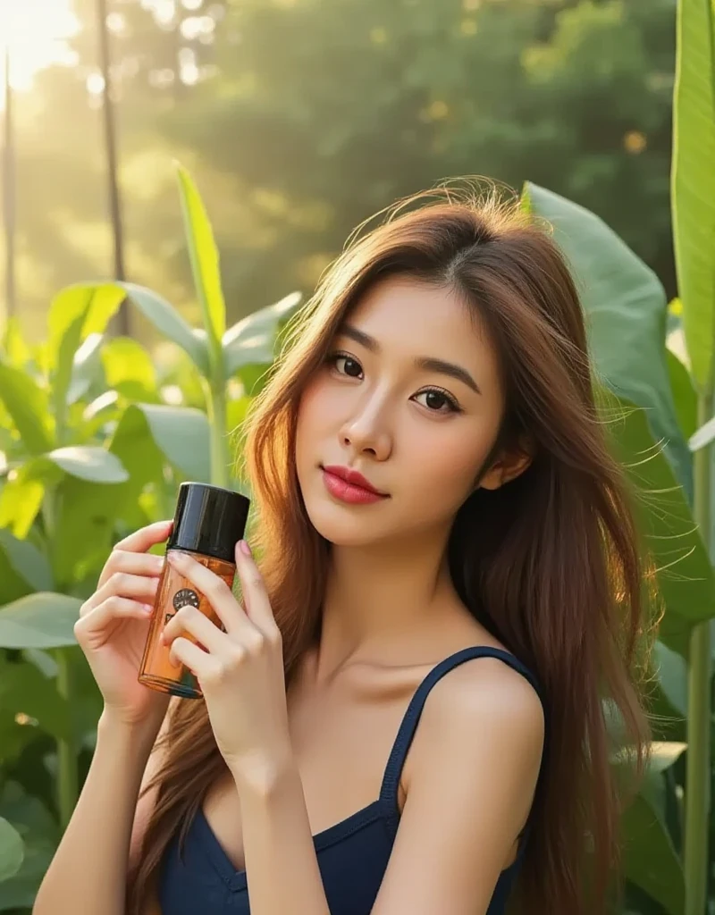 thai woman , medium breasts , slender, long brown natural loose hair ,   hold skincare product in her hand, greenery background, day light 