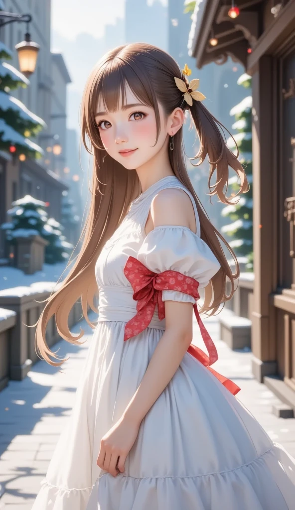  top quality、 super detailed、 very cute girl、Brown Hair、 long hair、 long straight hair、large white cloth 、 bow shaped dress、red heart pattern ribbon 、Hiiragi's hair ornament 、butterfly knot hair ornament 、Christmas Dresses、 Santa Claus、