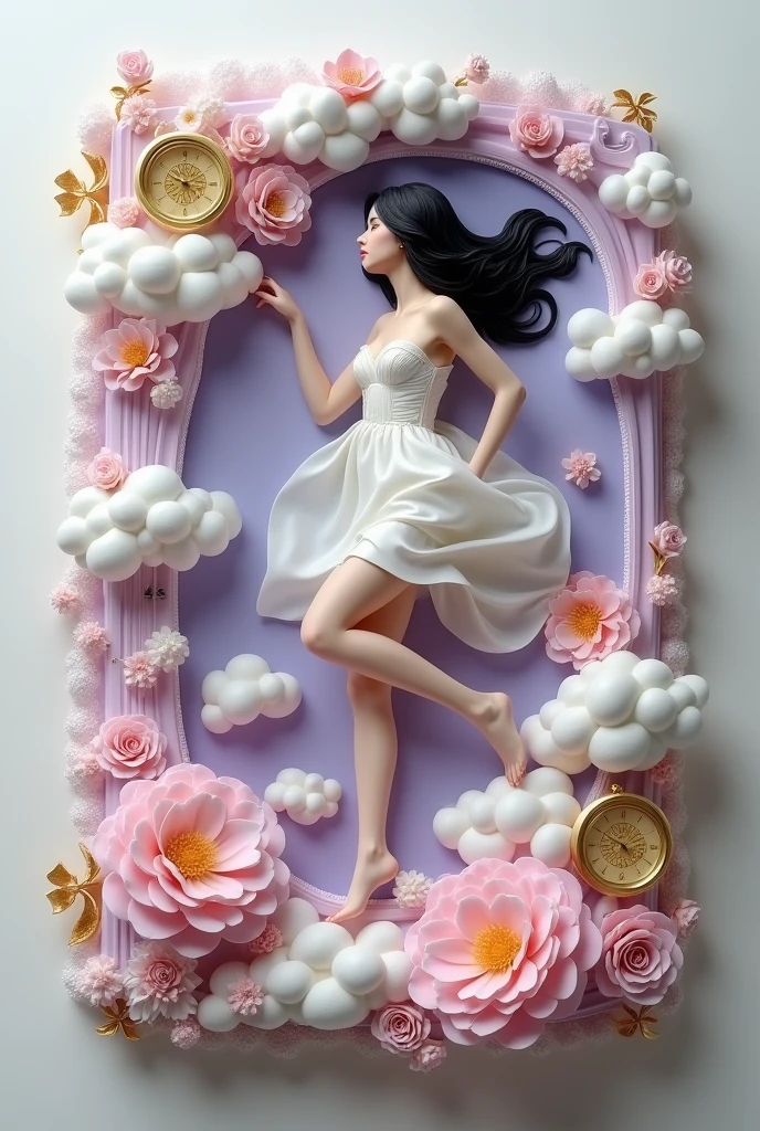 3D lavender, light pink, gold, white DIARY COVER carved sculpture gold victorian royal arc, white woman black hair in silk dress running up in the fantasy clouds, clock, laces, peony flowers 