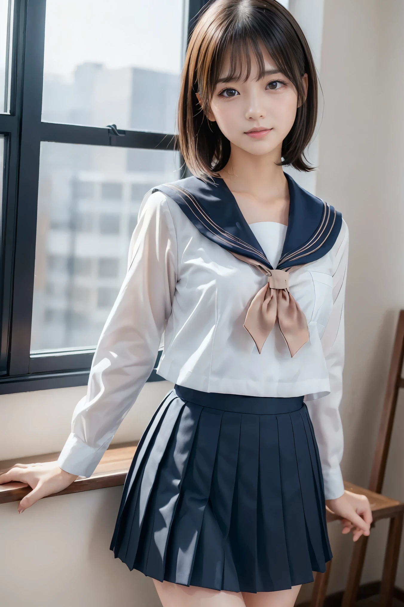 (8k,  photorealistic,  RAW photo,  Max Image: 1.4),  Japanese High School Girl 、( bob hair)、 Super detailed face 、Attention to detail、 double eyelids 、 sharp concentration:1.2、 beautiful woman:1.4、( black hair)、 top quality、  Masterpiece  、 super high resolution、( photorealistic:1.4)、 is exquisitely crafted in every detail 、 smiles illuminated by professional lighting、(Sailor school uniform,  navy blue pleated skirt)、 open your mouth slightly、( upper body),( background is indoor)