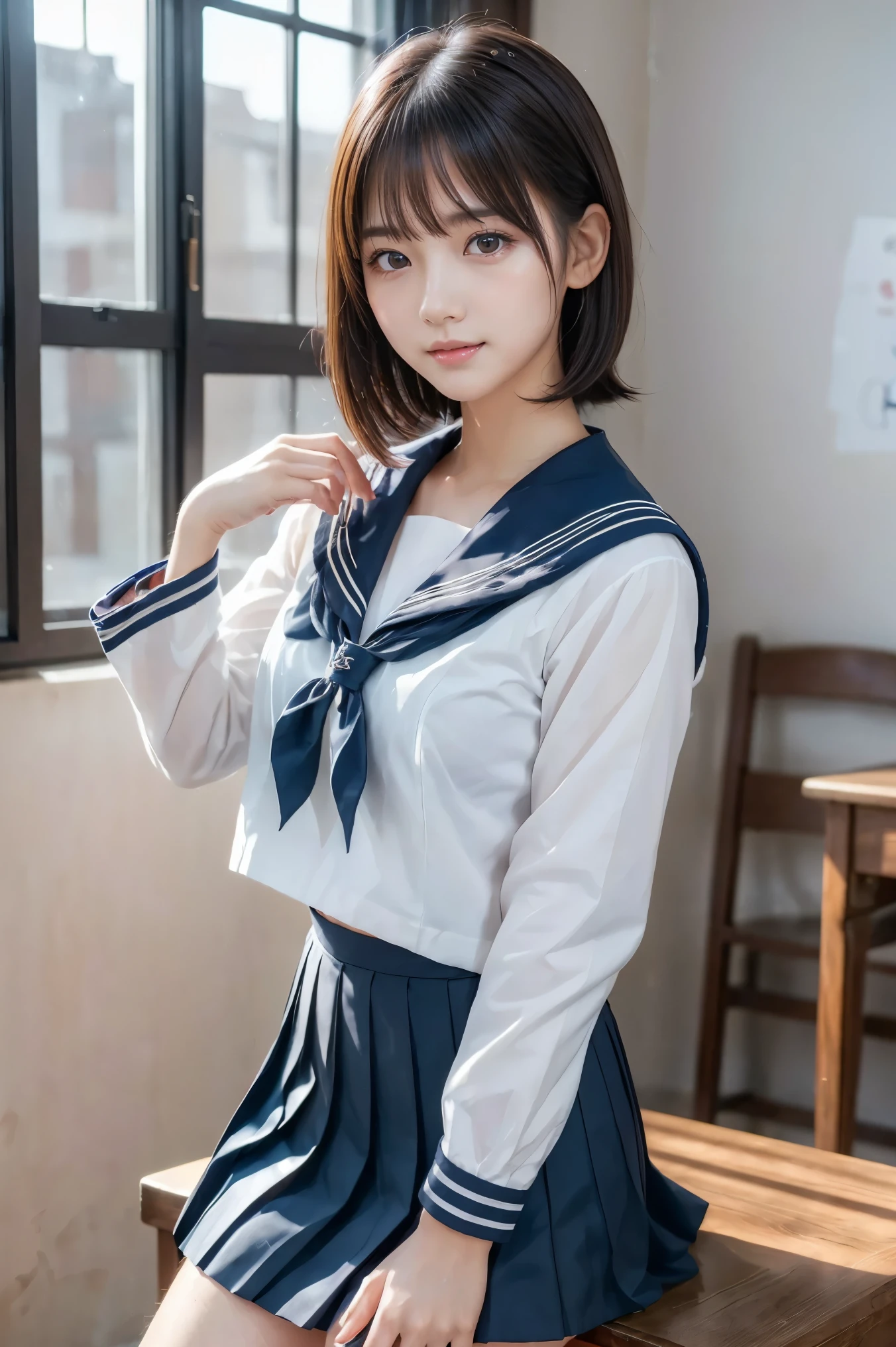 (8k,  photorealistic,  RAW photo,  Max Image: 1.4),  Japanese High School Girl 、( bob hair)、 Super detailed face 、Attention to detail、 double eyelids 、 sharp concentration:1.2、 beautiful woman:1.4、( black hair)、 top quality、  Masterpiece  、 super high resolution、( photorealistic:1.4)、 is exquisitely crafted in every detail 、 smiles illuminated by professional lighting、(Sailor school uniform,  navy blue pleated skirt showing full legs)、 open your mouth slightly、( upper body),( The background is indoor)