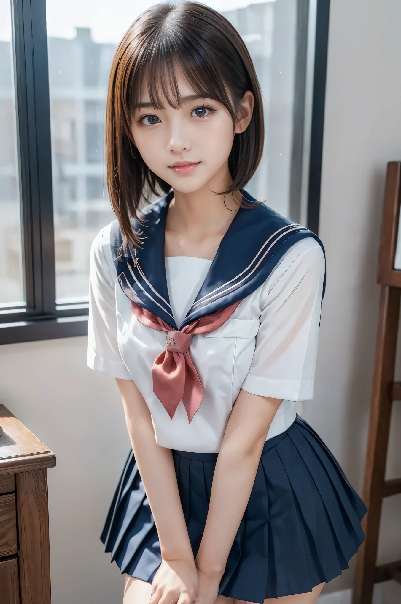 (8k,  photorealistic,  RAW photo,  Max Image: 1.4),  Japanese High School Girl 、( bob hair)、 Super detailed face 、Attention to detail、 double eyelids 、 sharp concentration:1.2、 beautiful woman:1.4、( black hair)、 top quality、  Masterpiece  、 super high resolution、( photorealistic:1.4)、 is exquisitely crafted in every detail 、 smiles illuminated by professional lighting、(Sailor school uniform,  navy blue pleated skirt showing full legs)、 open your mouth slightly、( upper body),( The background is indoor)