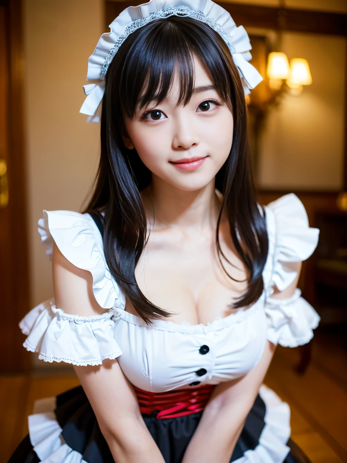 Cute face like a 15-year-old idol Smiling Kindly Gothic Lolita in Japan Cosplay Frills Cleavage Her hairstyle is twin tails. Hotel Living Room stand morning whole body RAW Photos High resolution Genuine Live Action Accurate depiction Realistic