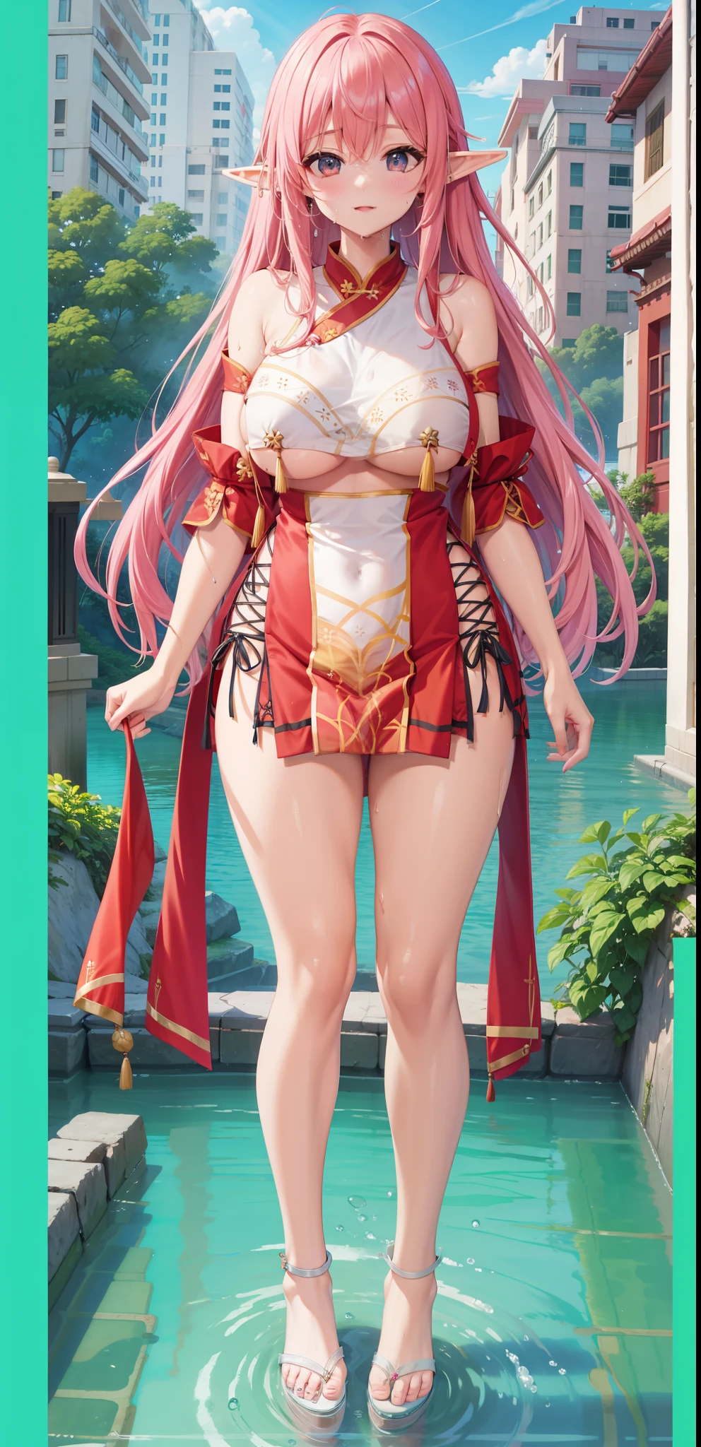 wife，  big breasts  ， bare torso ,    long pink hair，Elf ears，outcrop，cheongsam，纹胸，Big thighs ，Wet，Water Drops。Aho