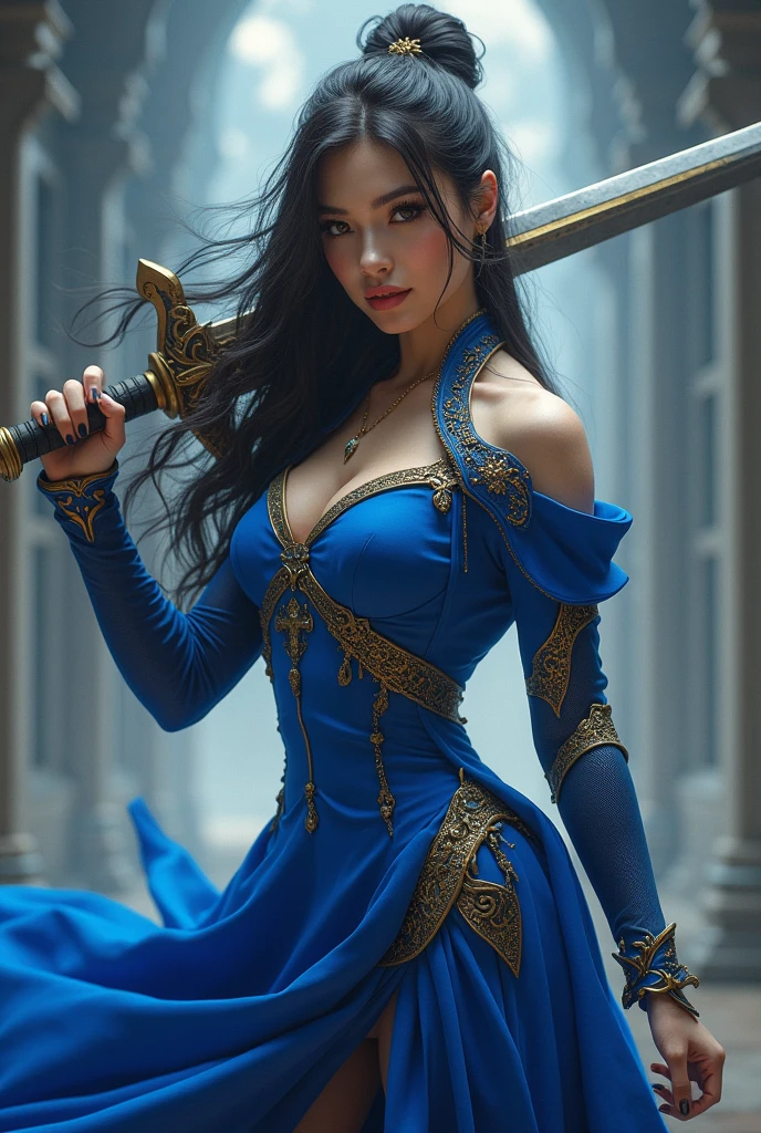 A woman in a dress with a sword in her hand, big breasts, 3D magical details, James Jean Soft Light, 4K, Yuri Schvedorf and Tom Bagshaw, beautiful digital artwork, Sylvain Sarrell and Igor Mosky