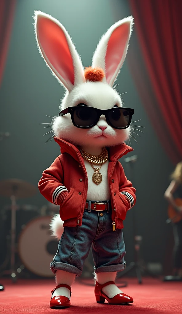 A rabbit smoking a joint, with dark glasses and a black vest with a patch that says Coelho Manso