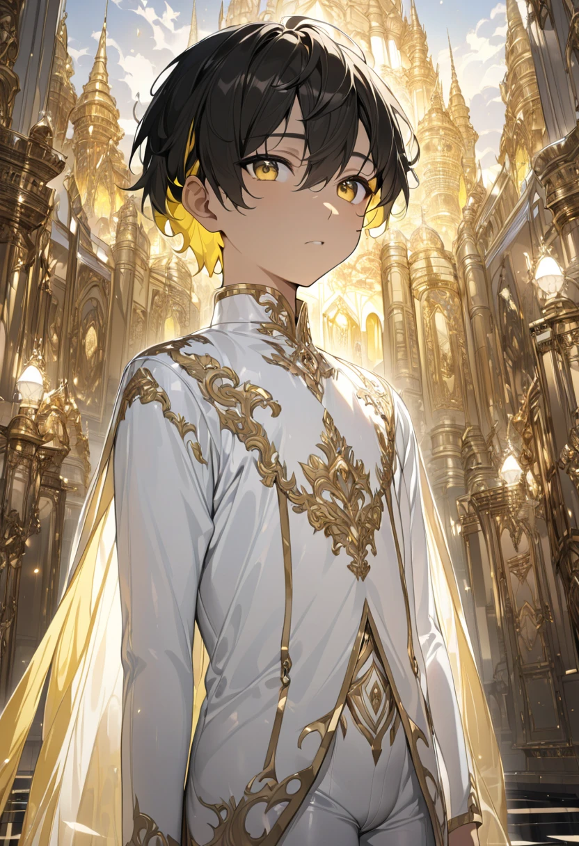  High Quality ,(最 High Quality ,4K, high definition ,  Masterpiece  :1.2), super detailed,(1. Boy),(Alone),Juvenile,(Male boy),  handsome and cute boy  , black hair  ,((YELLOW INNER HAIR )), shorthair,Dark Skin， white bodysuit  , golden eyes,A single photo,WHITE TEMPLE OF LIGHT , GRAND PALACE BACKGROUND ,