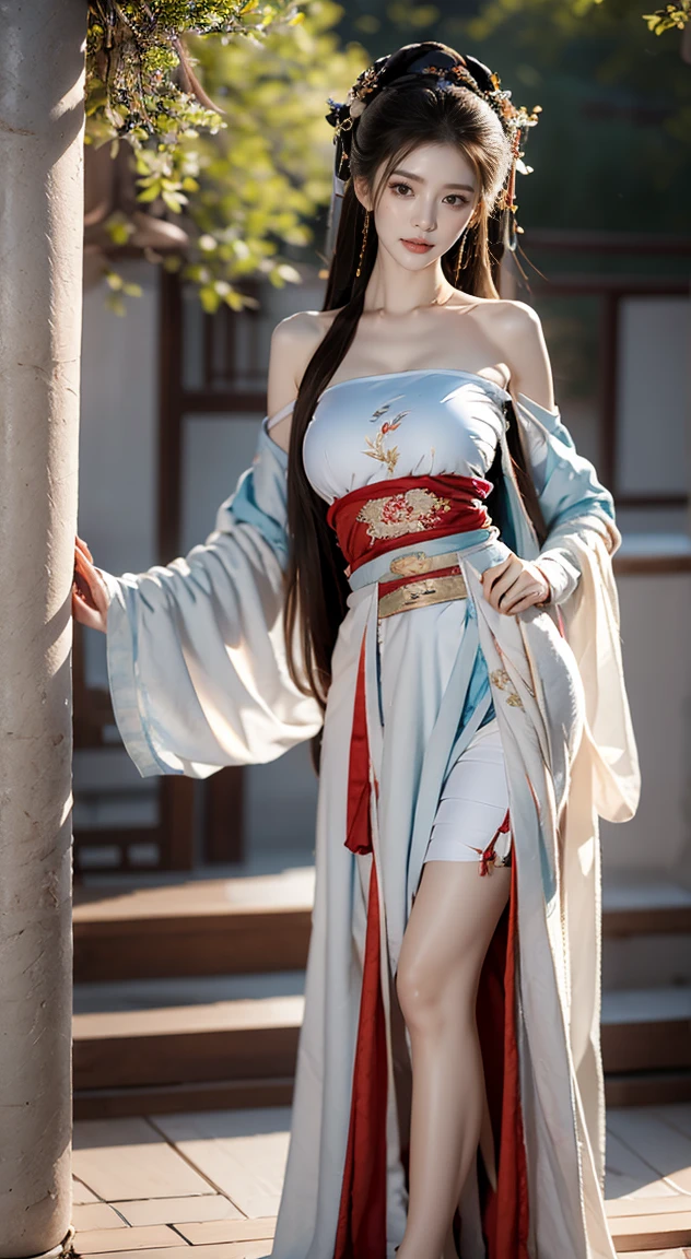 photorealistic, high resolution, soft light,1women, solo, hips up, fair skin, jewelry, long white hair, best quality, ancient chinese dress, red and blue hanfu, Chinese style,Chinese style