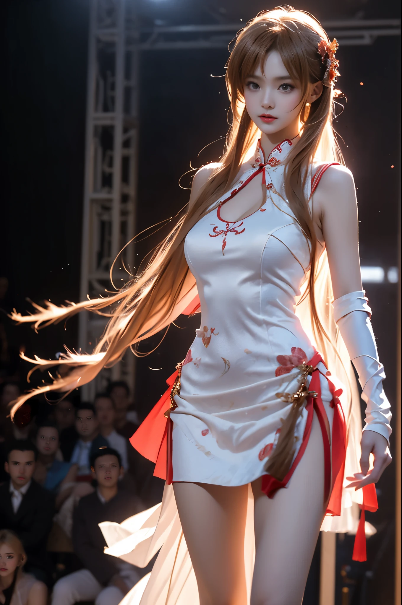 yuuki asuna,
qipao, china dress, chinese clothes, sleeveless, bare shoulders,,, ((3/4 shot:1.3)), (from below:1.2), (1girl solo), A stunningly beautiful model on a runway stage, (Full breasts, visible cleavage, very short hemlines, revealing smooth thighs), (Warm colors, warm soft lighting), hyperrealistic, confidently walking down a fashion show runway with long, slender, and well-proportioned legs. The model's posture is perfect, exuding elegance and allure, with a fluid and dynamic walking pose. with intricate textures and professional tailoring. The runway is illuminated by dramatic, cinematic lighting, surrounded by a surreal atmosphere of ethereal spotlights and soft, dreamy colors. High-quality details, hyperrealistic textures, HDR quality, correct anatomy, professional fashion photography style, cinematic composition, elegant and classy, photorealistic, ultra-detailed, a perfect blend of realism and artistic expression.