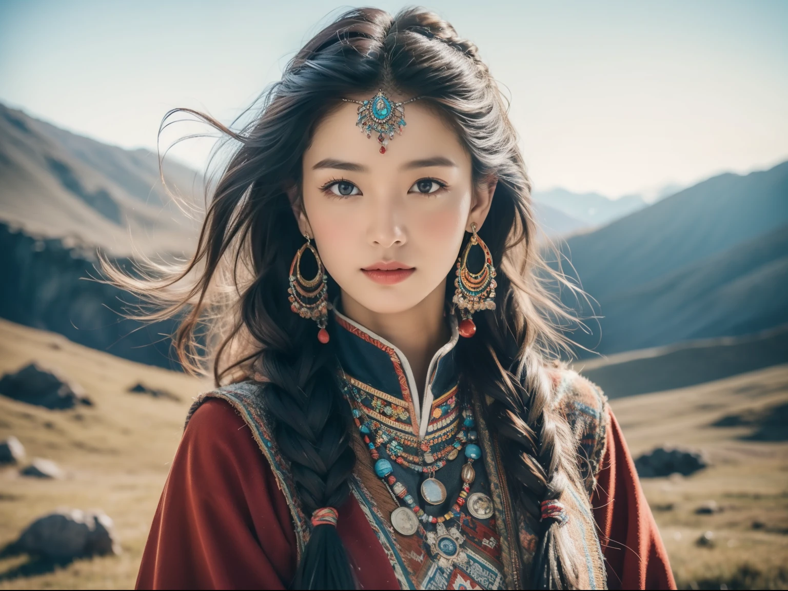 A Tibetan girl ，( best quality ,8K, high resolution ,masterpiece:1.2),(Dark brown skin, Textured Skin, Highland Red Face , Sunburn, Tanning, sunspot),  a beautiful Tibetan girl in a snowy mountain, prayer flags, Tibetan Culture,  bright eyes ,  traditional Tibetan art costume , Tibetan robe,  Tibetan headdress , Jewelry, turquoise, amber, Observe the audience,   Super Fine Details  , Upgraded .  soft light ,  super detailed,  high quality,  vivid colors , Bokeh, HDR,  Ultra HD, Professional photography style.