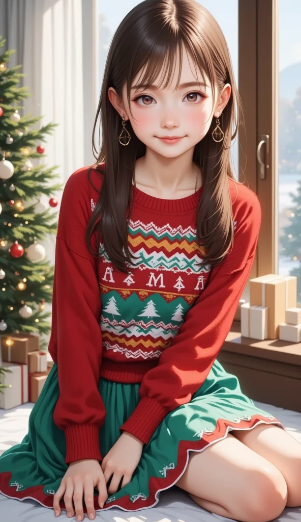  top quality、 super detailed、 very cute girl、Brown Hair、 long hair、 long straight hair、" Santa Claus"Red knit 、 ugly knitted sweater with the inscription 、 Christmas tree long skirt、