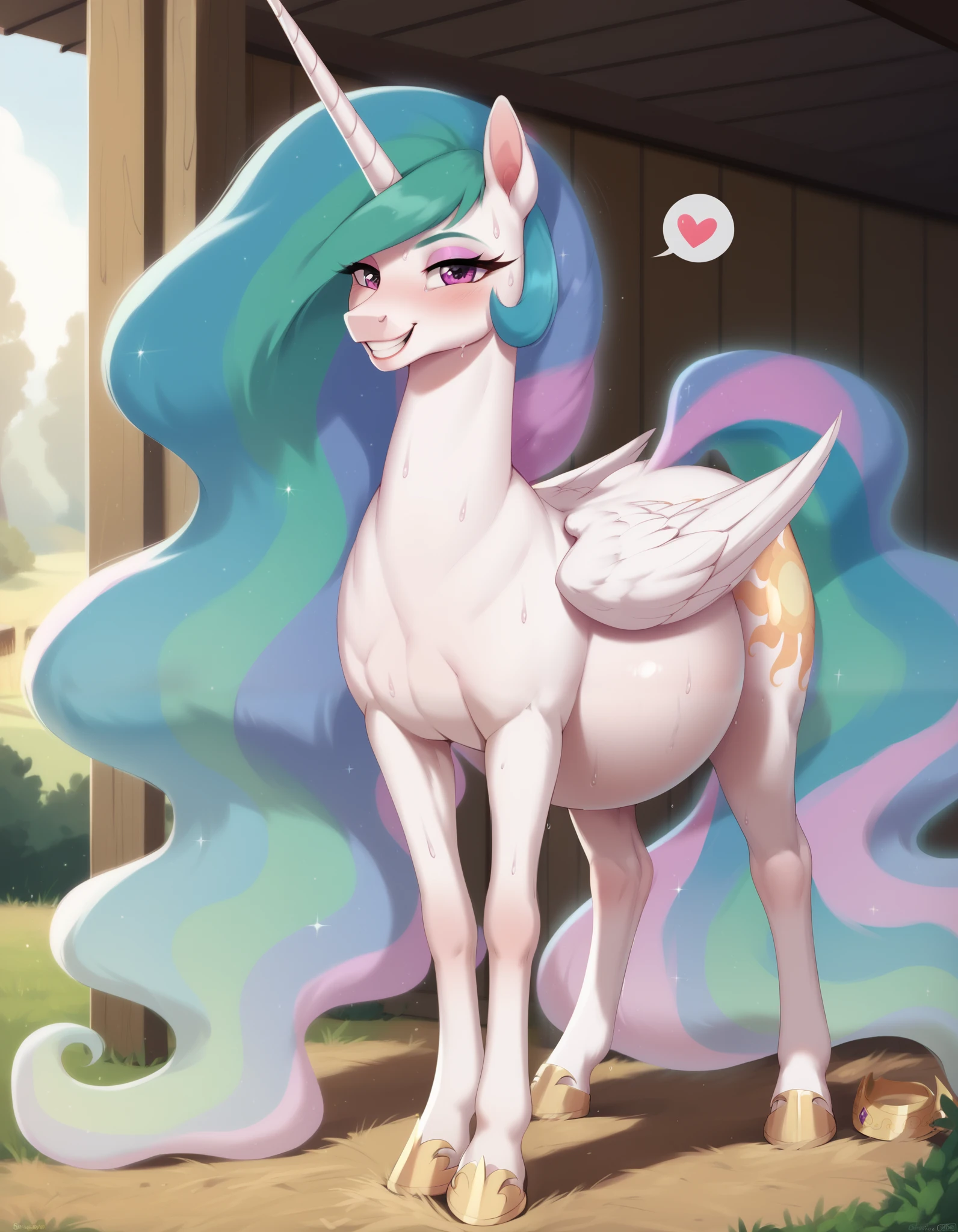 1female horse, feminine, background, blush, feminine, (solo), nude, (sweat), horse tail, feral horse, animal,  long mane, in heat, raised tail, feral celestia, (princess celestia), (alicorn), long mane, large expressive eyes, eyeshadow, (feral horse:1.4), (mature horse), bedroom-eyes, (equine face:1.2), horse face, (adult feral celestia), smile, teeth, grin, face focus, spoken heart, glancing up at viewer, proud, smug, hooves_art, full body, horse body, pregnant, pregnancy, 