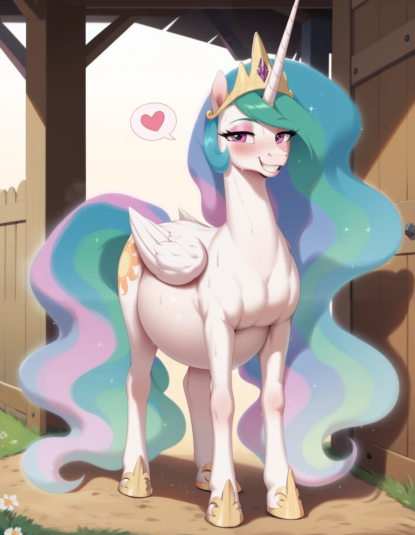 1female horse, feminine, background, blush, feminine, (solo), nude, (sweat), horse tail, feral horse, animal,  long mane, in heat, raised tail, feral celestia, (princess celestia), (alicorn), long mane, large expressive eyes, eyeshadow, (feral horse:1.4), (mature horse), bedroom-eyes, (equine face:1.2), horse face, (adult feral celestia), smile, teeth, grin, face focus, spoken heart, glancing up at viewer, proud, smug, hooves_art, full body, horse body, pregnant, pregnancy, 