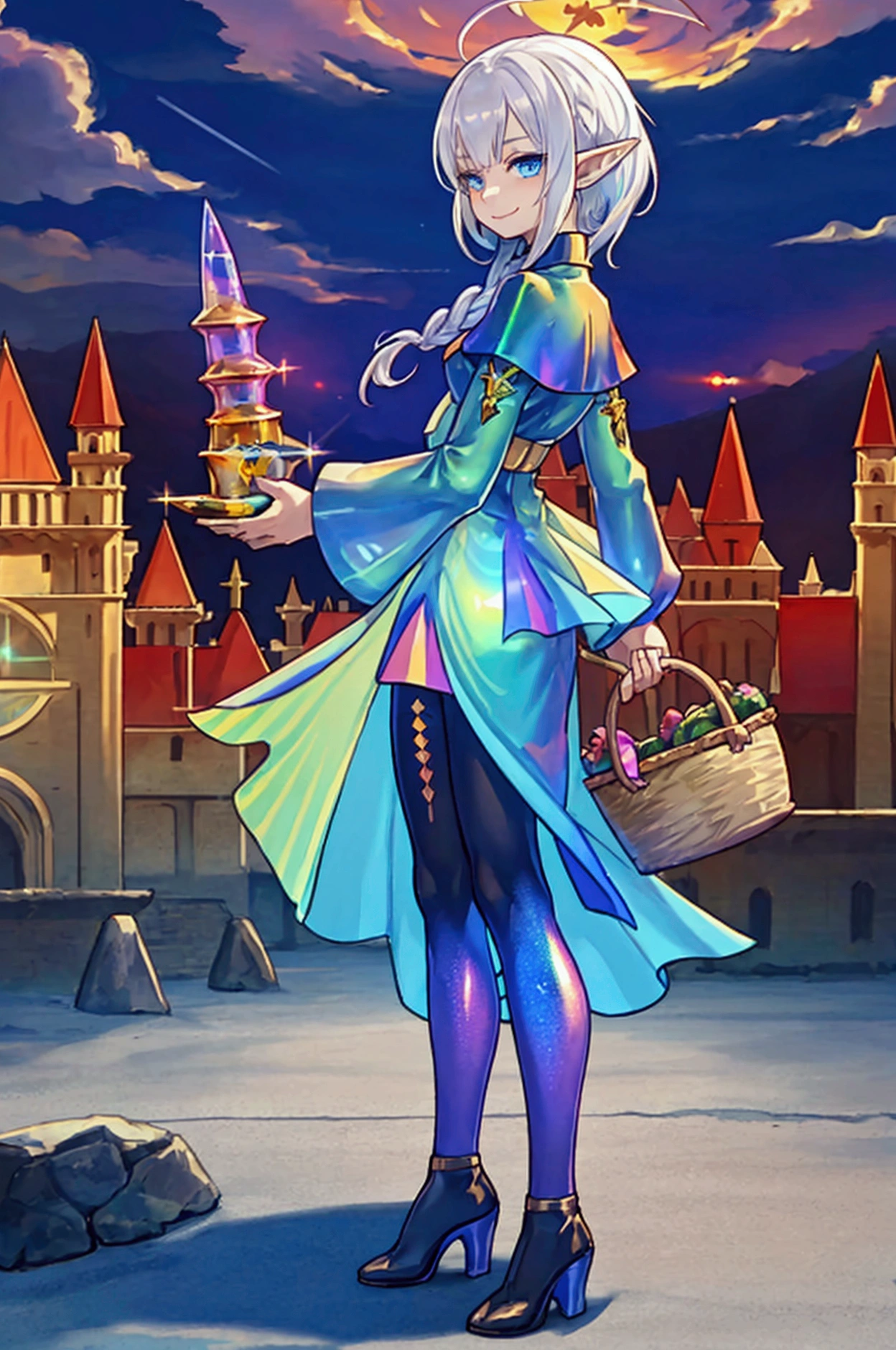 The background is a sunset sunset 、 medieval cityscape with basket、Inside the kaleidoscope、Green clothing、Rinwell style braided silver short hair( Holographic :1.2),  pointed ears、Elf、 blue eyes、 Rough Outfit 、 long lashes,smile、Mr.々Expression