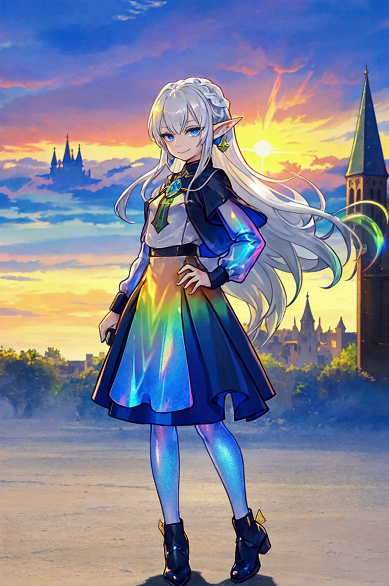 The background is a sunset sunset 、 medieval cityscape with basket、Inside the kaleidoscope、Green clothing、Rinwell style braided silver short hair( Holographic :1.2),  pointed ears、Elf、 blue eyes、 Rough Outfit 、 long lashes,smile、Mr.々Expression